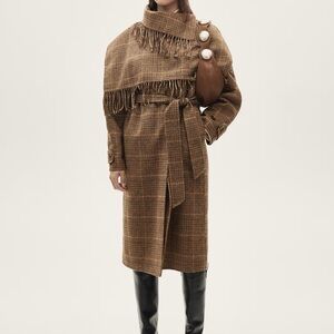 MANGO Wool blend Houndstooth Coat w/ detachable fringe cape
